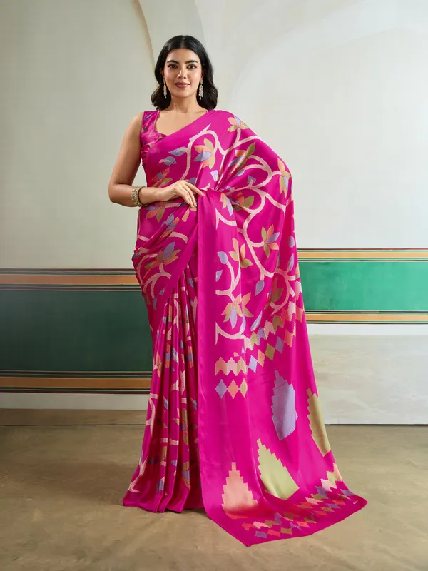 Deep_Pink_Modal_Ajrakh_Printed_Satin_Silk_Saree