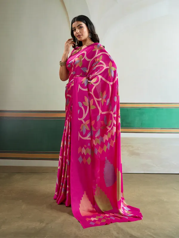 Deep_Pink_Modal_Ajrakh_Printed_Satin_Silk_Saree