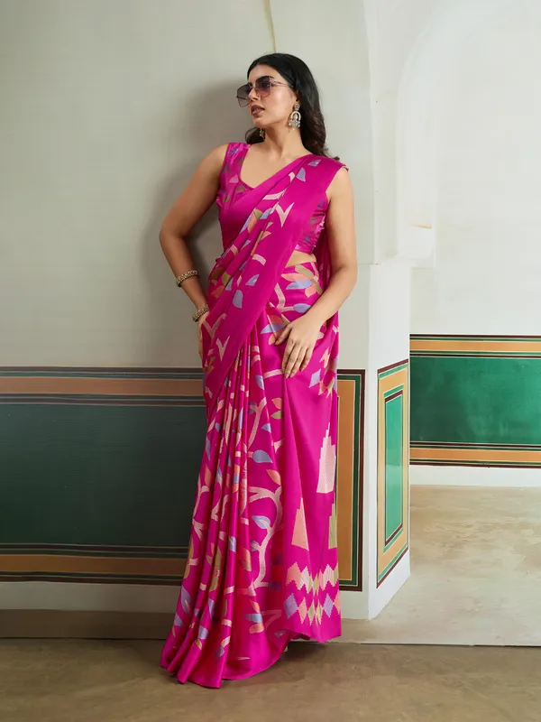 Deep_Pink_Modal_Ajrakh_Printed_Satin_Silk_Saree