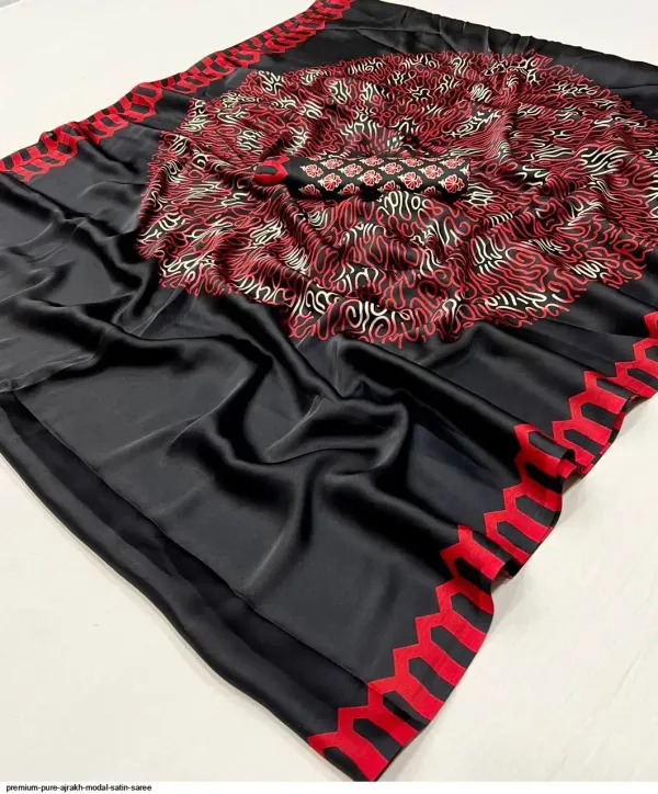Jet_Black_Satin_Silk_Saree_with_Ajrakh_Printed_Pallu_and_Blouse