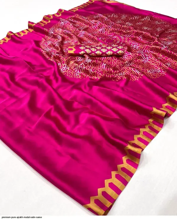 Magenta_Pink_Satin_Silk_Saree_with_Ajrakh_Printed_Pallu_and_Blouse