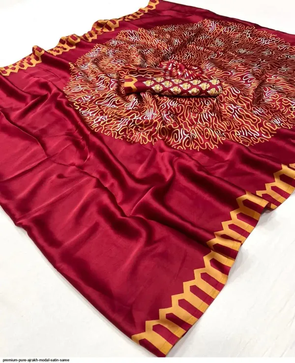 Persian_Dark_Red_Satin_Silk_Saree_with_Ajrakh_Printed_Pallu_and_Blouse