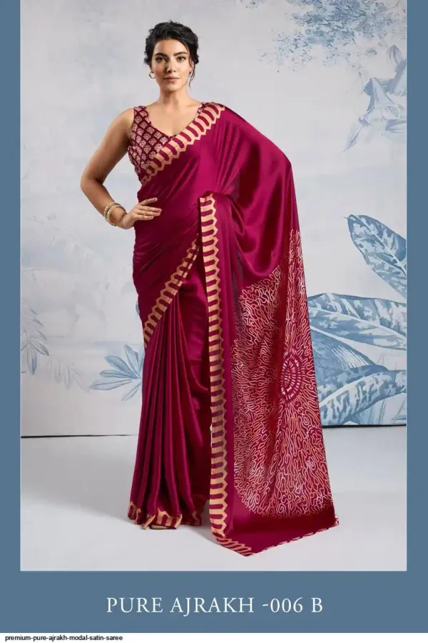 Persian_Dark_Red_Satin_Silk_Saree_with_Ajrakh_Printed_Pallu_and_Blouse