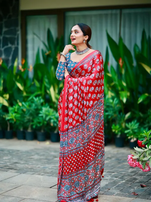 Red_Ajrakh_Printed_ModalSilk_Saree_with_Mirror_Work_Highlights