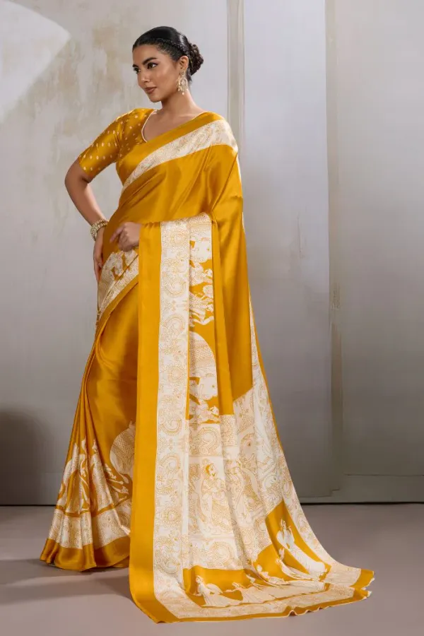 Saffron_Yellow_Modal_Ajrakh_Printed_Satin_Silk_Saree
