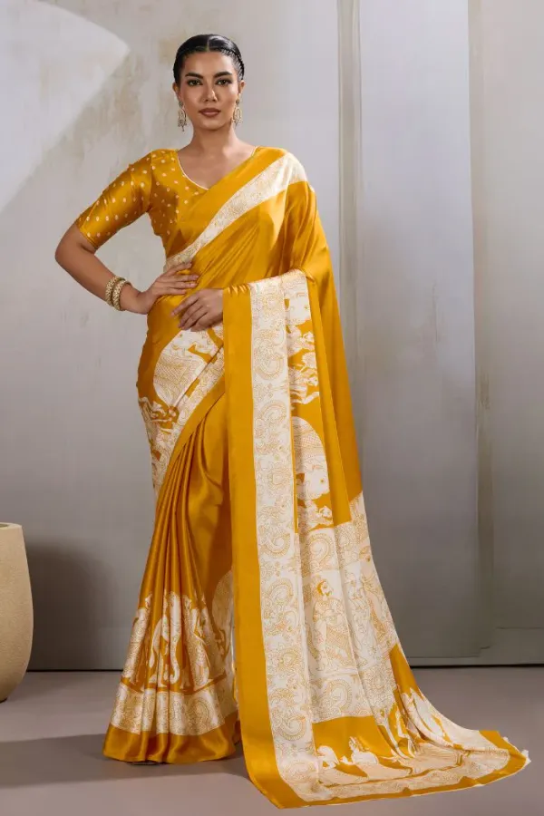 Saffron_Yellow_Modal_Ajrakh_Printed_Satin_Silk_Saree
