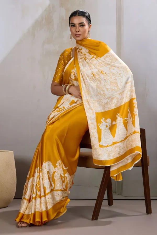 Saffron_Yellow_Modal_Ajrakh_Printed_Satin_Silk_Saree