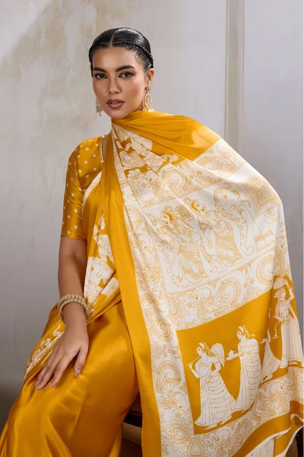 Saffron_Yellow_Modal_Ajrakh_Printed_Satin_Silk_Saree