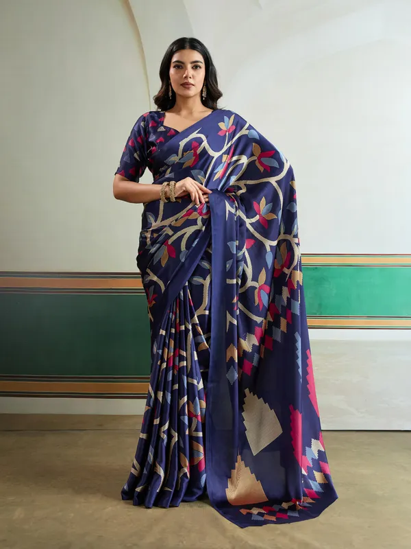 Venice_Blue_Modal_Ajrakh_Printed_Satin_Silk_Saree