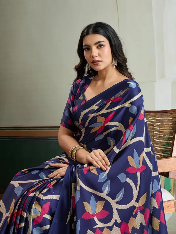 Venice_Blue_Modal_Ajrakh_Printed_Satin_Silk_Saree