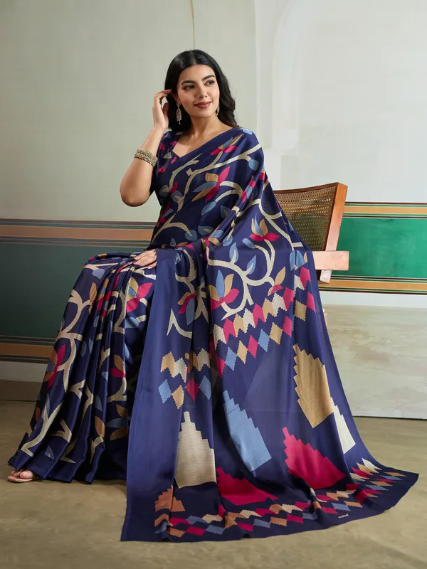 Venice_Blue_Modal_Ajrakh_Printed_Satin_Silk_Saree