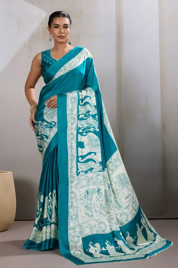 Water_Blue_Modal_Ajrakh_Printed_Satin_Silk_Saree