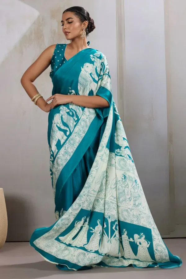 Water_Blue_Modal_Ajrakh_Printed_Satin_Silk_Saree