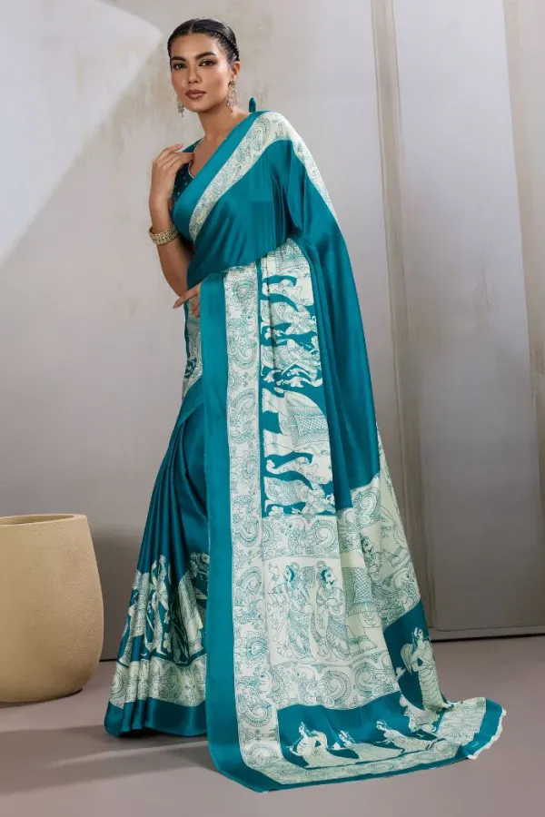 Water_Blue_Modal_Ajrakh_Printed_Satin_Silk_Saree
