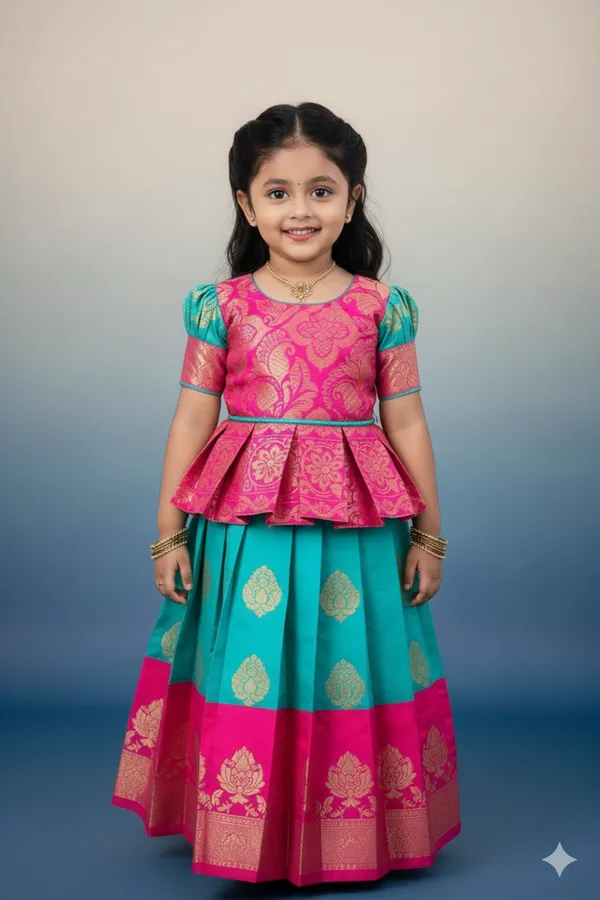 Enchanting_Pink_&_Turquoise_Brocade_Silk_Kids'_Lehenga_Choli