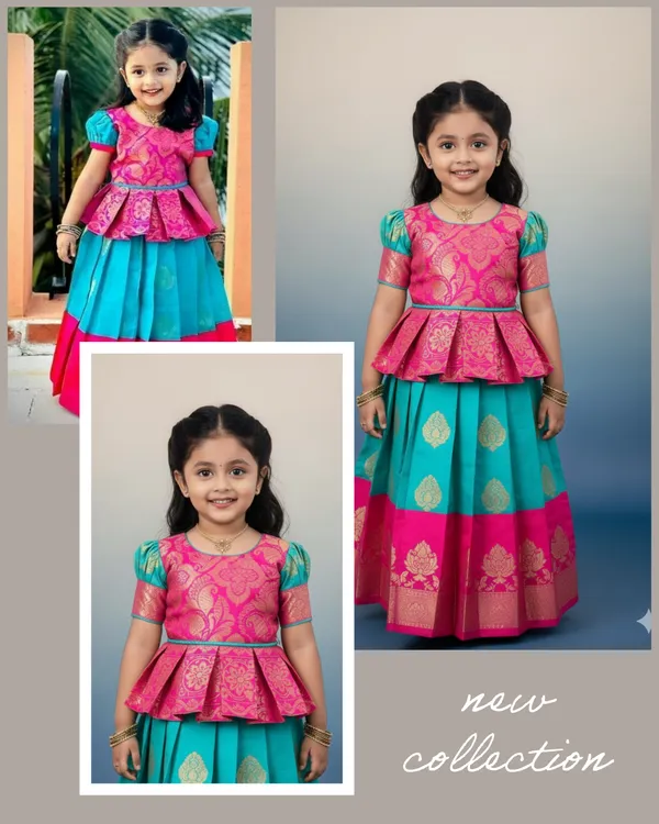 Enchanting_Pink_&_Turquoise_Brocade_Silk_Kids'_Lehenga_Choli