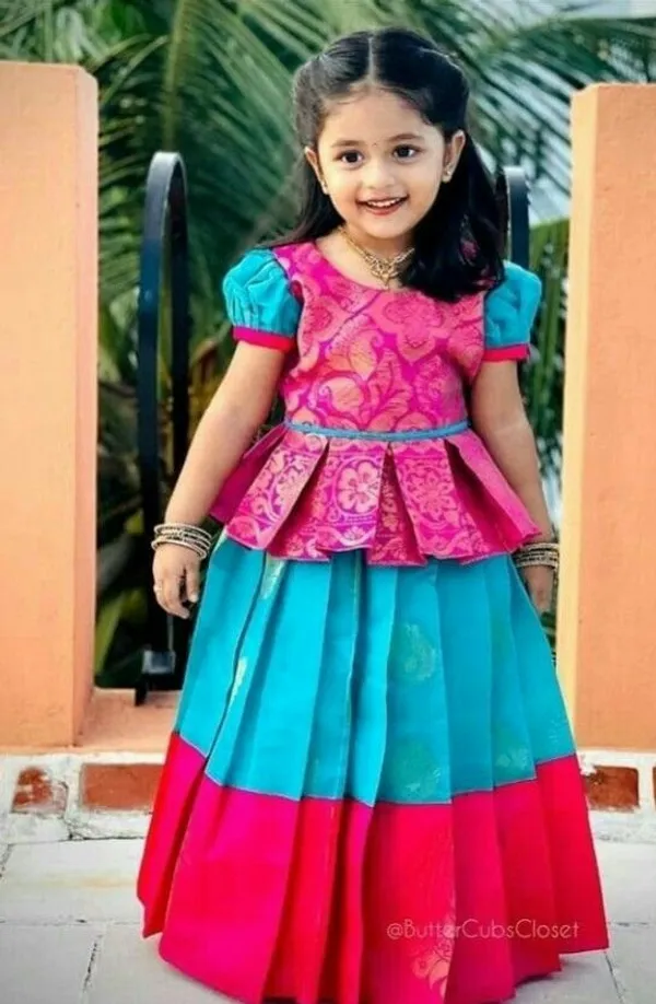 Enchanting_Pink_&_Turquoise_Brocade_Silk_Kids'_Lehenga_Choli