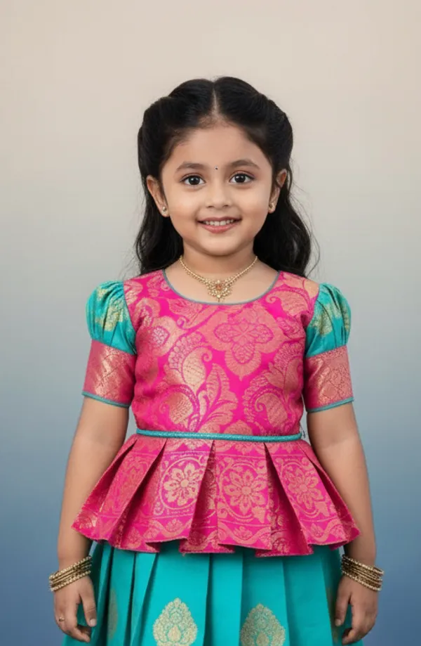 Enchanting_Pink_&_Turquoise_Brocade_Silk_Kids'_Lehenga_Choli