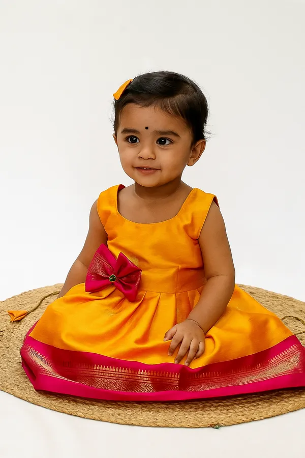 Festive_Mustard_Orange_Pattu_Pavadai_Frock_with_Kanchipuram_Border