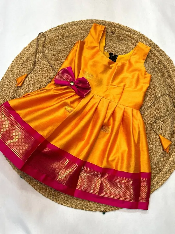 Festive_Mustard_Orange_Pattu_Pavadai_Frock_with_Kanchipuram_Border