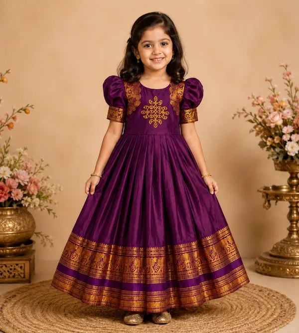 Girls_Pattu_Silk_Gown_|_Kids_Traditional_Frock_with_Zari_Border_|_Puff_Sleeve_Ethnic_Gown_for_Baby_Girls_|_Festive_Dress