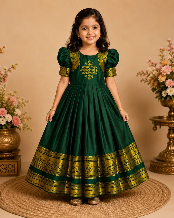 Girls_Pattu_Silk_Gown_|_Kids_Traditional_Frock_with_Zari_Border_|_Puff_Sleeve_Ethnic_Gown_for_Baby_Girls_|_Festive_Dress