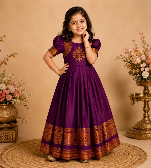 Girls_Pattu_Silk_Gown_|_Kids_Traditional_Frock_with_Zari_Border_|_Puff_Sleeve_Ethnic_Gown_for_Baby_Girls_|_Festive_Dress