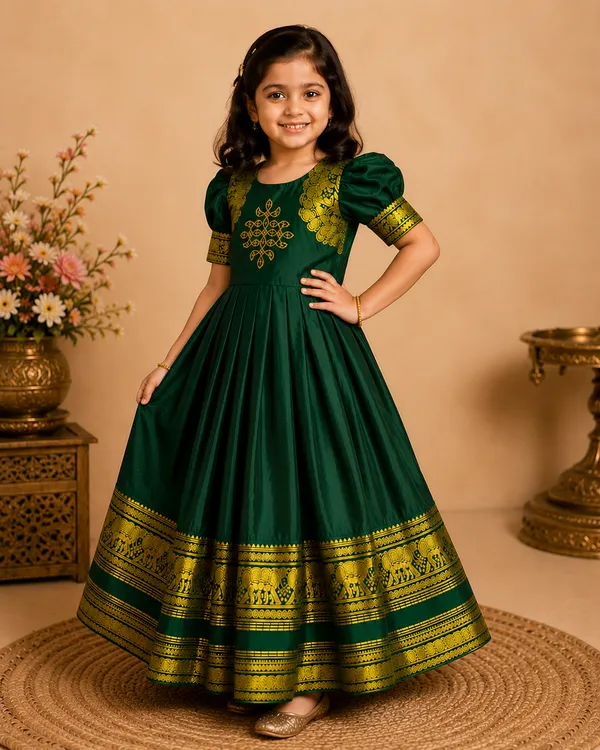 Girls_Pattu_Silk_Gown_|_Kids_Traditional_Frock_with_Zari_Border_|_Puff_Sleeve_Ethnic_Gown_for_Baby_Girls_|_Festive_Dress