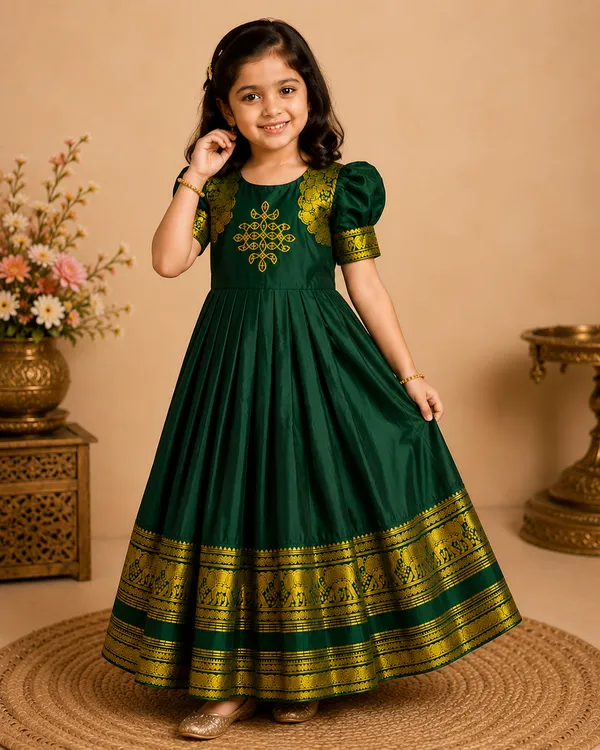 Girls_Pattu_Silk_Gown_|_Kids_Traditional_Frock_with_Zari_Border_|_Puff_Sleeve_Ethnic_Gown_for_Baby_Girls_|_Festive_Dress