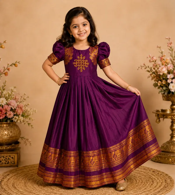 Girls_Pattu_Silk_Gown_|_Kids_Traditional_Frock_with_Zari_Border_|_Puff_Sleeve_Ethnic_Gown_for_Baby_Girls_|_Festive_Dress