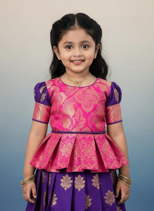Girls'_Pure_Silk_Brocade_Pattu_Pavadai/Lehenga_Choli_with_Peplum_Top_-_Royal_Purple_&_Rani_Pink