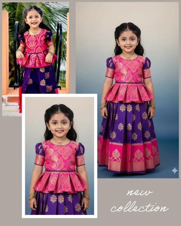 Girls'_Pure_Silk_Brocade_Pattu_Pavadai/Lehenga_Choli_with_Peplum_Top_-_Royal_Purple_&_Rani_Pink