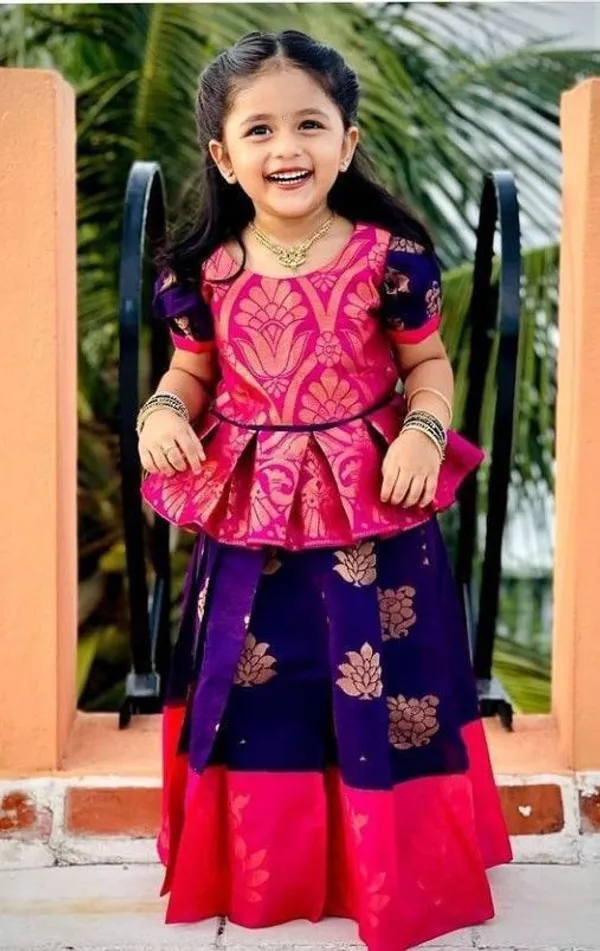 Girls'_Pure_Silk_Brocade_Pattu_Pavadai/Lehenga_Choli_with_Peplum_Top_-_Royal_Purple_&_Rani_Pink