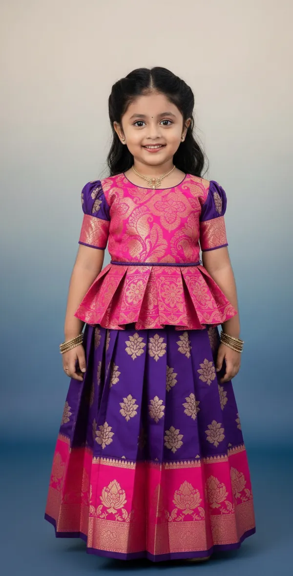 Girls'_Pure_Silk_Brocade_Pattu_Pavadai/Lehenga_Choli_with_Peplum_Top_-_Royal_Purple_&_Rani_Pink