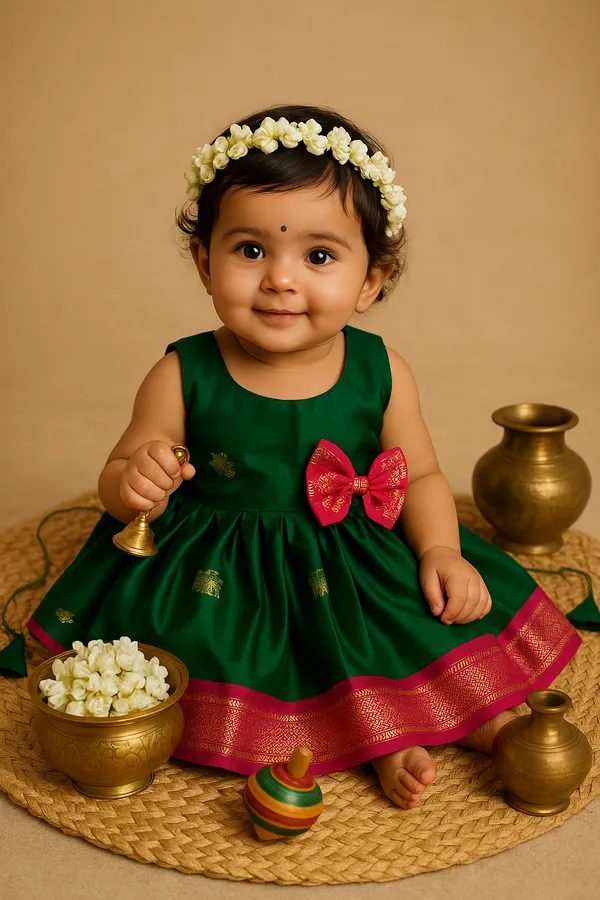 Green_and_Pink_Kanchipuram_Silk_Pattu_Pavadai_Frock_for_Girls