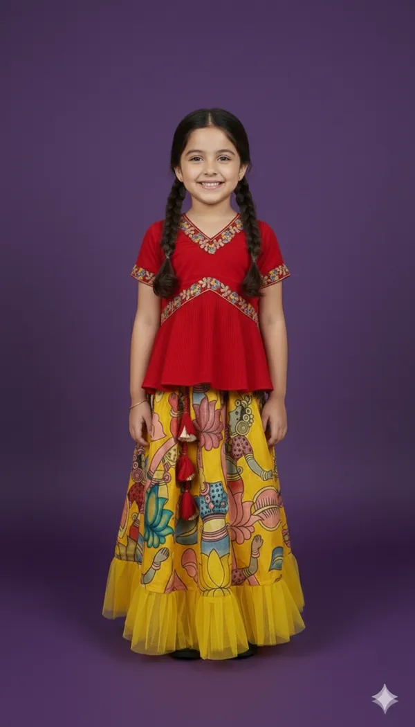 Kids'_Red_Peplum_Choli_with_Artisan_Kalamkari-Style_Flared_Lehenga