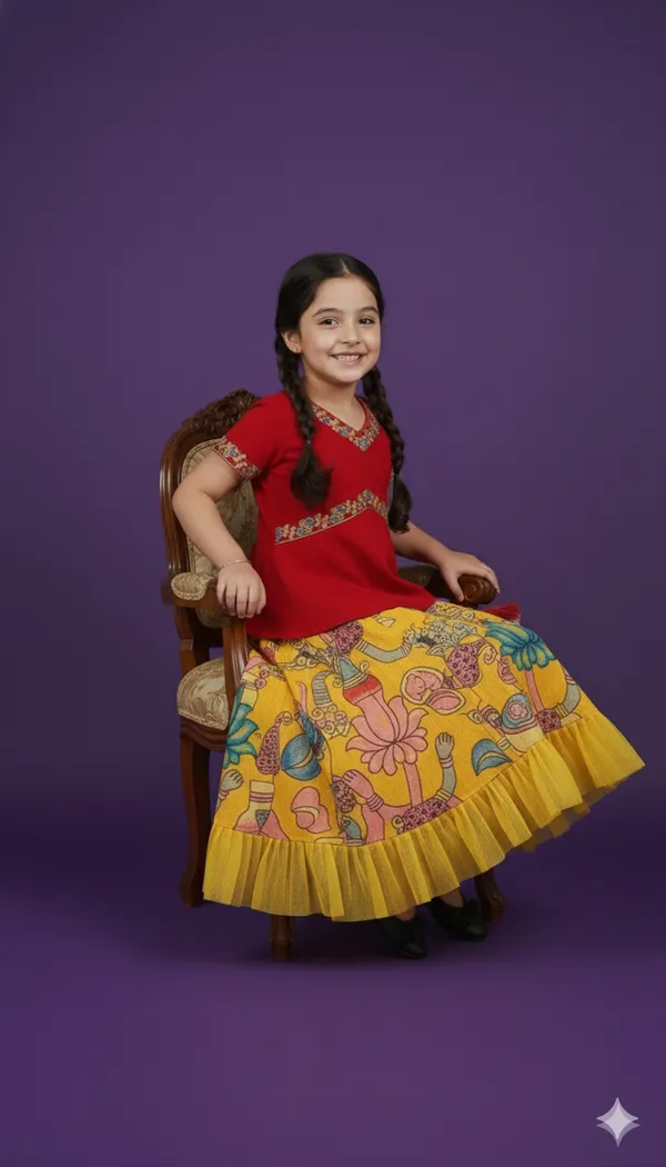 Kids'_Red_Peplum_Choli_with_Artisan_Kalamkari-Style_Flared_Lehenga