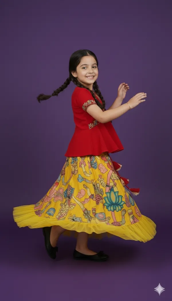 Kids'_Red_Peplum_Choli_with_Artisan_Kalamkari-Style_Flared_Lehenga