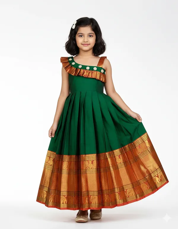Regal_Green_Kanchipuram_Silk_Pattu_Gown_for_Girls_💚