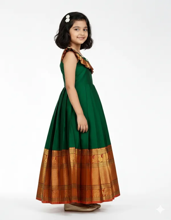 Regal_Green_Kanchipuram_Silk_Pattu_Gown_for_Girls_💚
