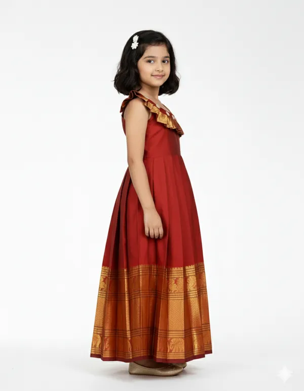 Regal_Rust_Maroon_(Red)_Pattu_Silk_Gown_with_Temple_Border_and_Ruffle_Yoke_for_Girls👑
