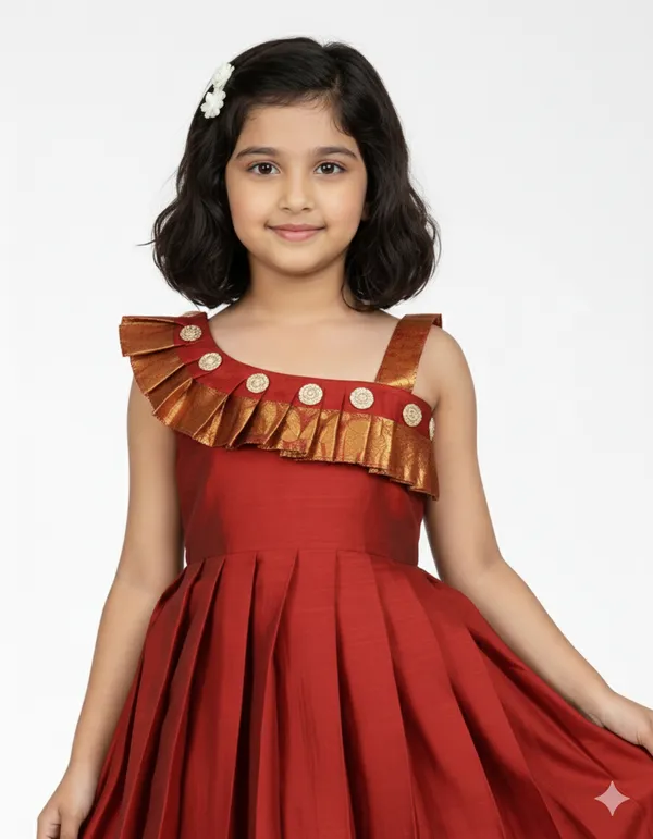 Regal_Rust_Maroon_(Red)_Pattu_Silk_Gown_with_Temple_Border_and_Ruffle_Yoke_for_Girls👑