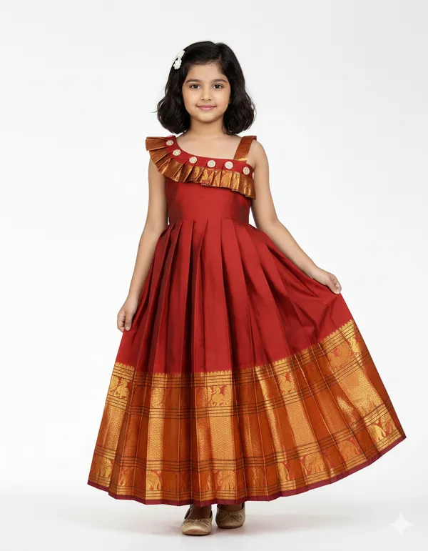 Regal_Rust_Maroon_(Red)_Pattu_Silk_Gown_with_Temple_Border_and_Ruffle_Yoke_for_Girls👑