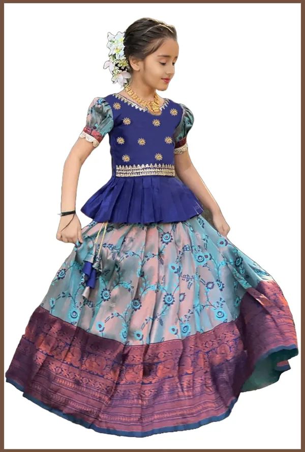 Royal_Blue_&_Teal_Floral_Kids_Silk_Lehenga_Set_💙🌸
