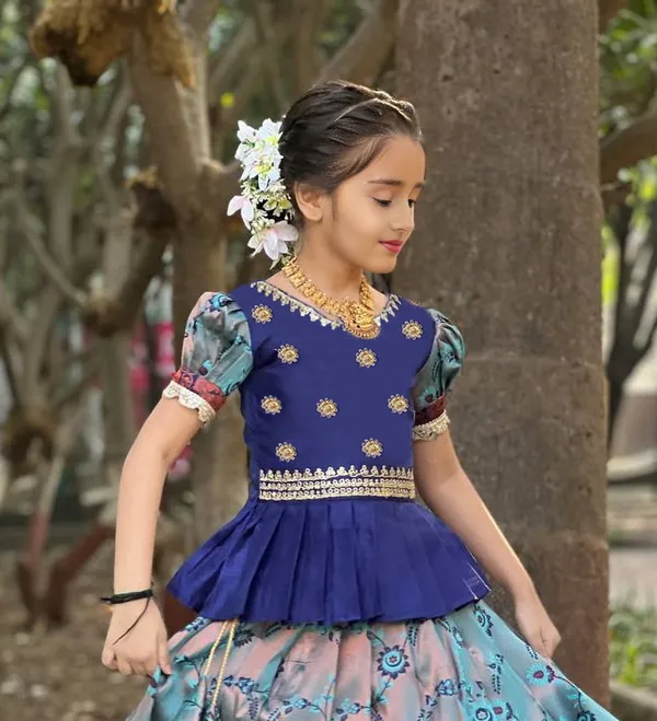 Royal_Blue_&_Teal_Floral_Kids_Silk_Lehenga_Set_💙🌸