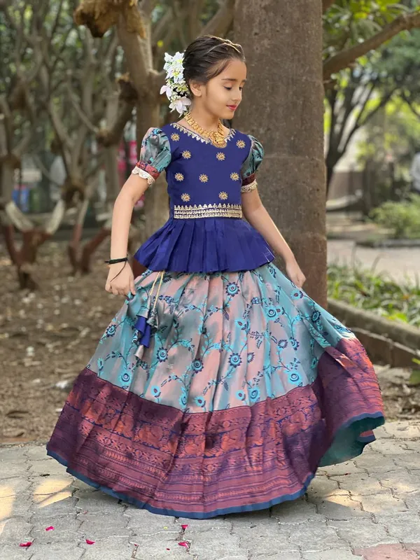 Royal_Blue_&_Teal_Floral_Kids_Silk_Lehenga_Set_💙🌸