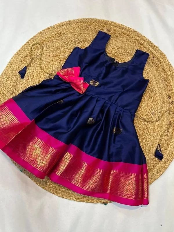Royal_Navy_Blue_Pattu_Pavadai_Frock_with_Kanchipuram_Border