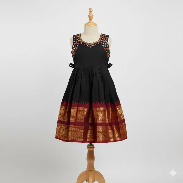 The_Kanchipuram_Charm_Traditional_Black_Silk_Frock_for_Girls