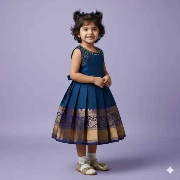 The_Kanjivaram_Collection'__Teal_Blue_Silk_Frock_with_Gold_Zari_Border