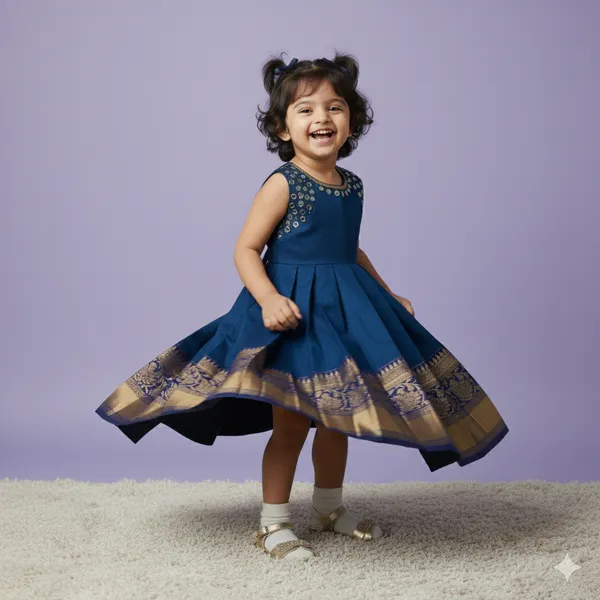 The_Kanjivaram_Collection'__Teal_Blue_Silk_Frock_with_Gold_Zari_Border